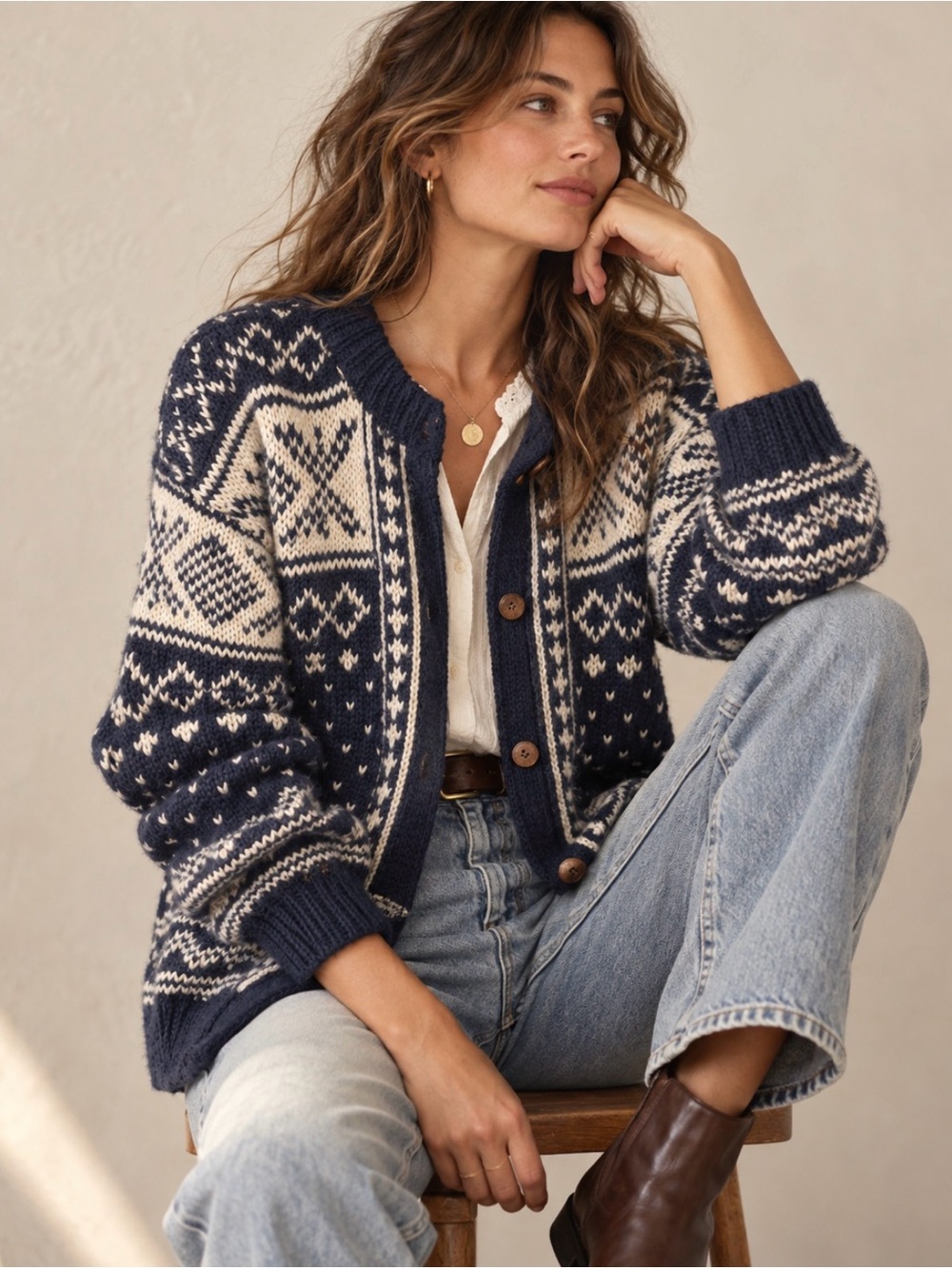 Vintage Nepal 100% Wool Fair Isle Cardigan XL Navy Ivory Chunky Nordic Sweater